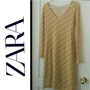 VINTAGE ZARA DRESS SHEATH KNEE LONG SLEEVE LINED V NECK WOMENS MEDIUM
